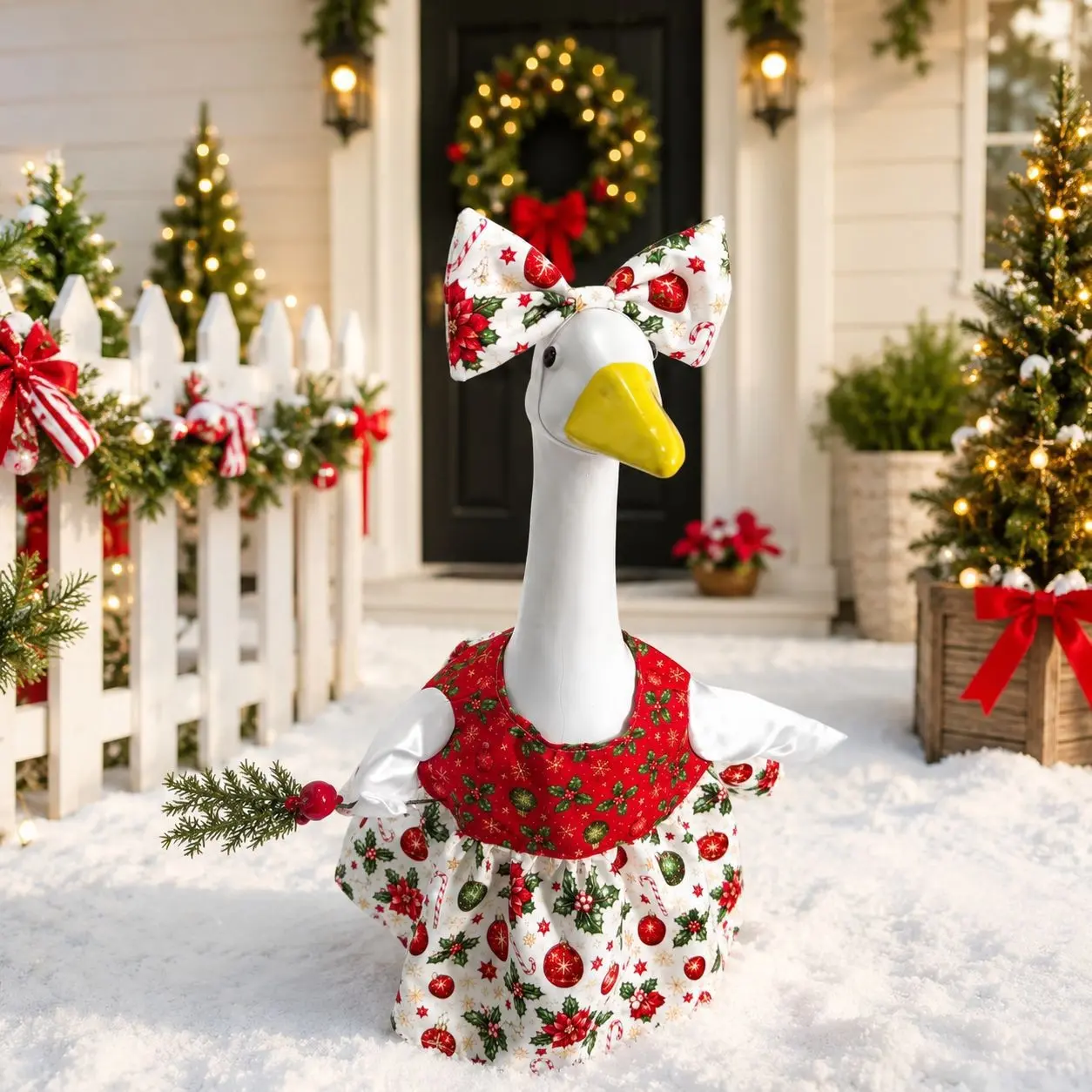Whimsical Porch Goose Maxi Dress – Festive Dual-use for Christmas and Halloween; quirky garden style; the perfect choice for holiday celebrations.