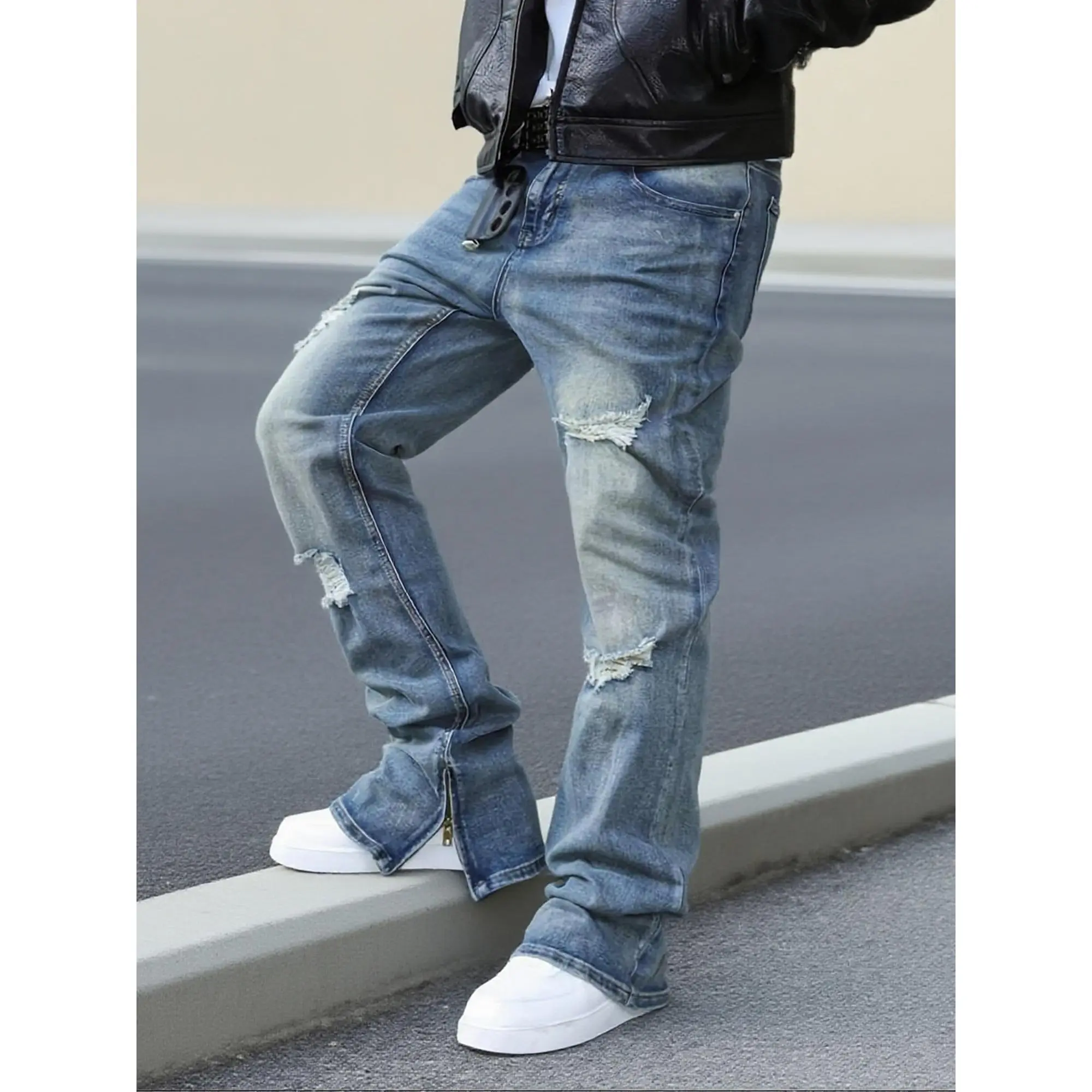 Men's Mid-Rise Straight-Leg Distressed Jeans - Menswear, Stretch Blend, Leg Zipper, Ripped Details, Street Style, Durable Fabric, Comfortable, Versatile for Trendy Outfits, Men's Pants, Regular Leg Men's Jeans