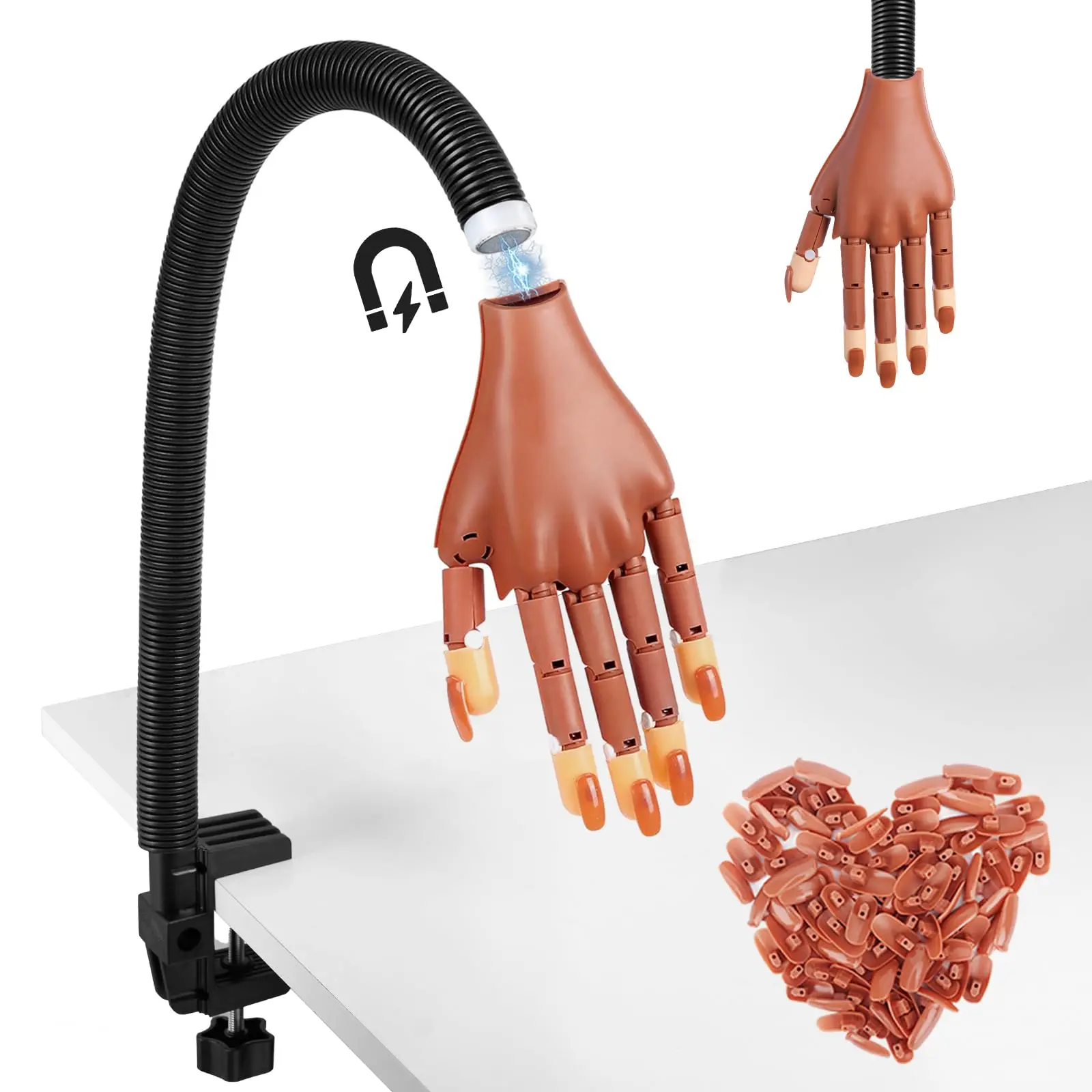 Manicure Nail Care Magnetic Practice Hand - Detachable Fingers, Hand Shape, Desktop Clamp Stand, 100 Refill Nail Tips Refill Kit for Beginners, Flexible