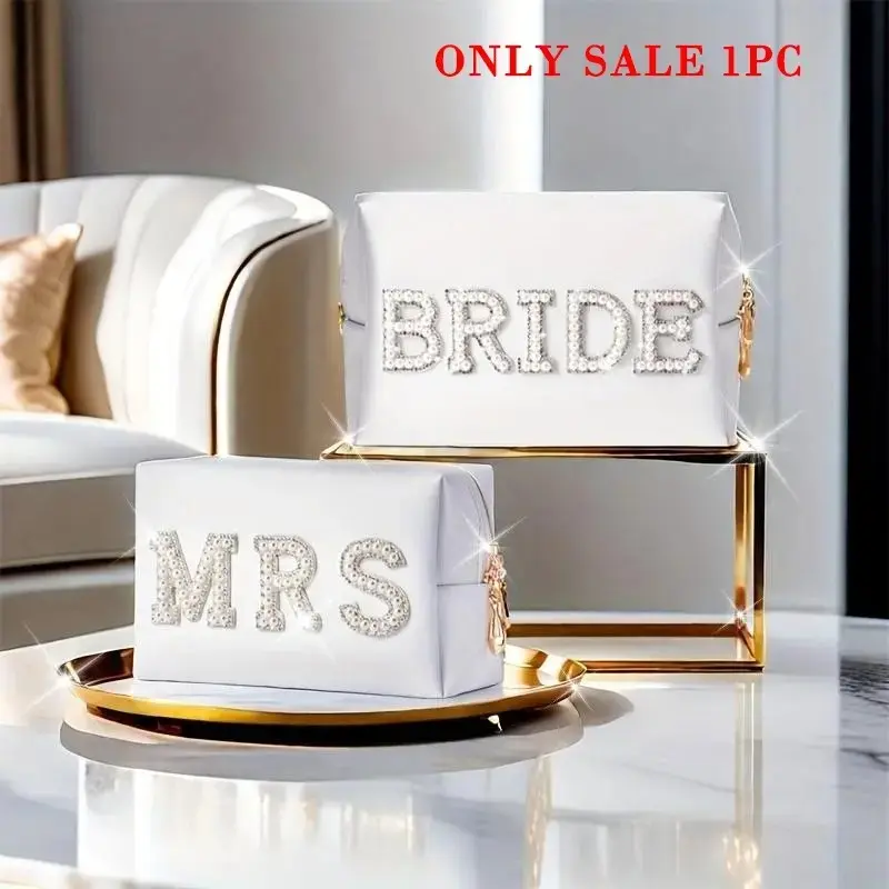Bride Pearl Letter Makeup Bag, Octagonal PU Cosmetic Storage Bag, Large Capacity Toiletry Bag, Makeup Organizer Pouch