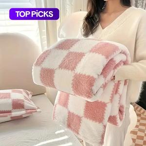 checkerboard pattern blanket, 1 count 350gsm soft comfortable throw blanket, room accessories warm napping blanket for home office travel, bedroom refresh decor,  room accessories