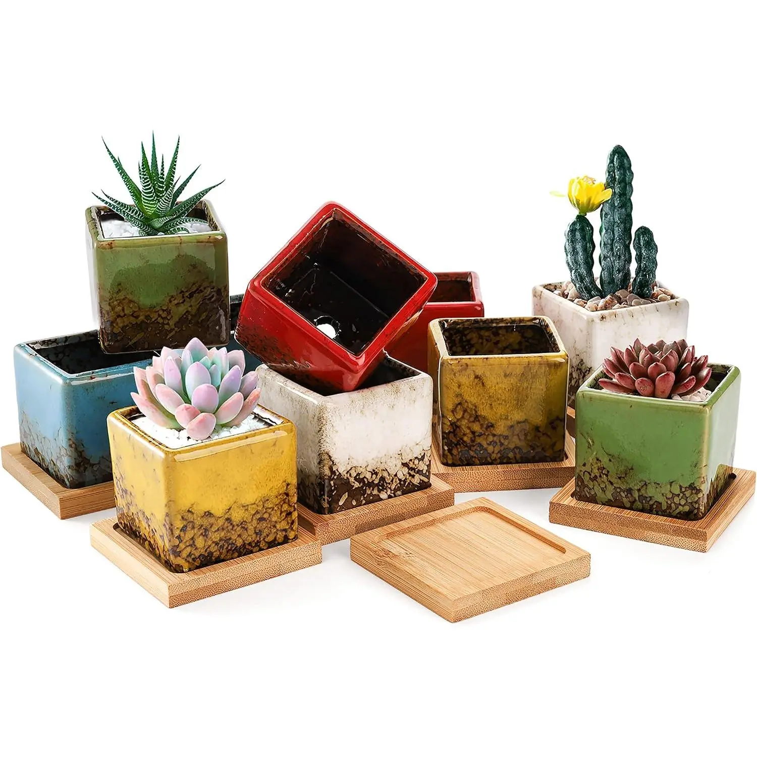 Set of 10 Succulent Planter Pots, 2 Inch Square Ceramic Glazed Cactus  Pot  Flower Container with Drainage Hole &  Tray for Desk, Windowsill,  Decor, Coffee Bar