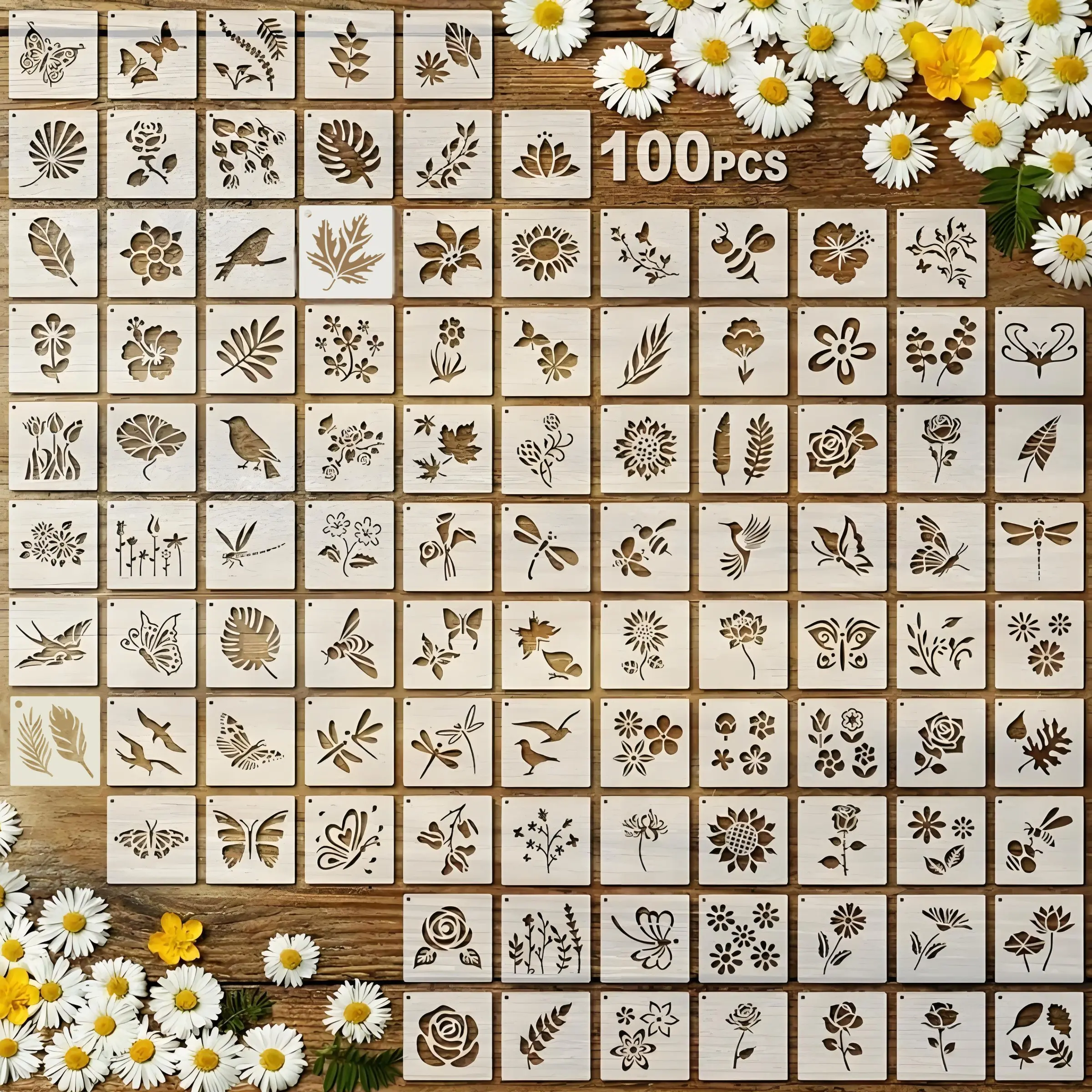 100 Pcs Stencils for Painting on Wood, Reusable Stencil Crafts, Diverse Patterns, Drawing Templates, Holiday Stencils, Wall Paper Stencil Set, DIY Art, Scrapbook, Home Decor
