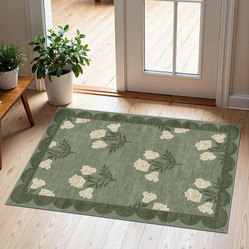 Front Door Mat Outside Entrance - 2x3 Floral Non-Slip Washable Doormat Indoor Outdoor Door Mat Spring Sage Green Floral Entry Rug Small Throw Rugs for Entryway Kitchen Front Porch Decor Flower Rug