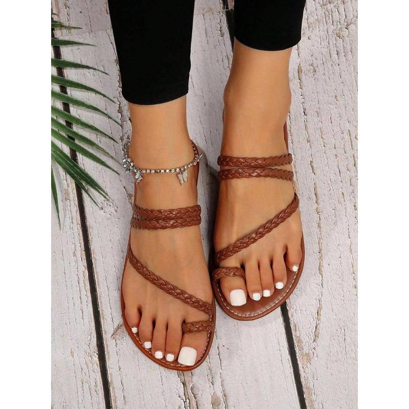 (New)Women's Fashionable Plain Color Ankle Strap Sandals, Casual Comfortable Flat Sandals for Beach Vacation, All-match Barefoot Shoes for Daily Wear, Summer
