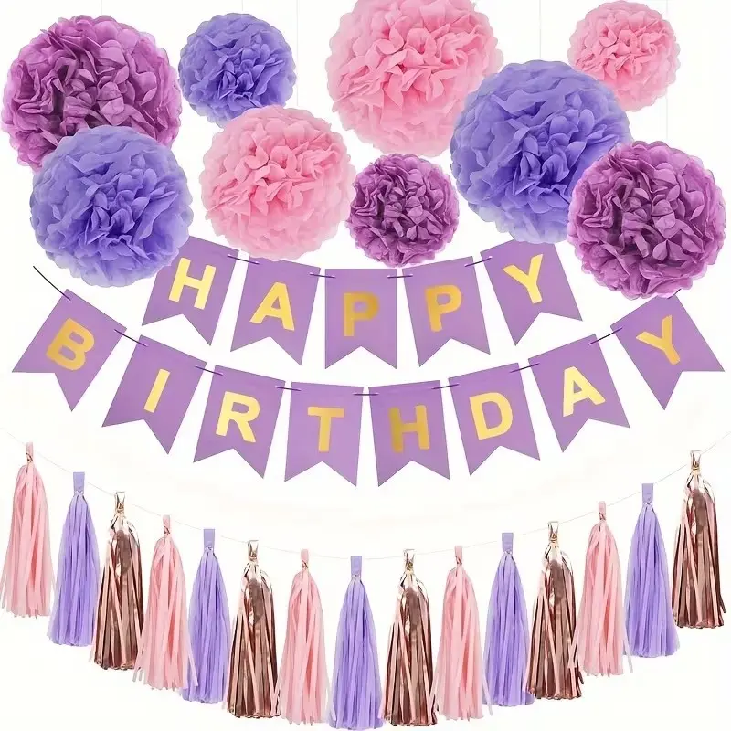 Birthday Party Decoration Set, Includes Happy Birthday Banner, Paper Pom Poms, Fringe Wreath, and Theme, Perfect for Birthdays and Festivals