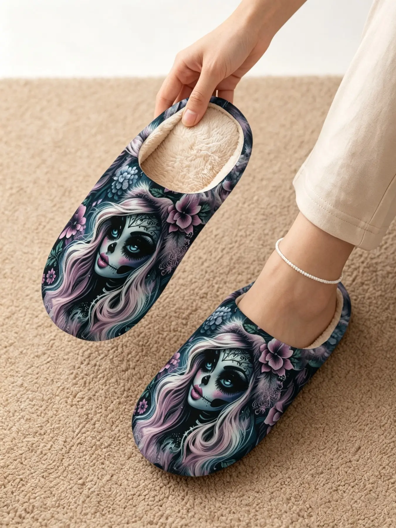 Halloween Gothic Plush Slippers, Witch Skull Cat Print Women's Home Shoes, Soft Warm Indoor Footwear, Halloween Cosplay Party Gift