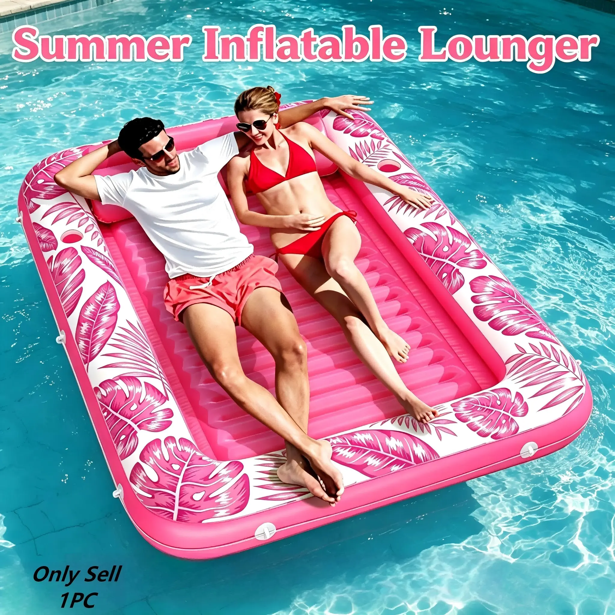 Inflatable Sun Tanning Pool Float with Cup Holders, Extra Large 80×40 Inch Adult Pool Float with Headrest Pillow, 4-in-1 Sun Lounge Raft, Reclining Tanning Float, Inflatable Pool Lounger, Pool Party Gift, Inflatable Pool Sofa & Pool Chair