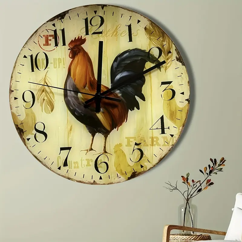 11.8 Inch Rooster Farmhouse Vinyl Decorative Wall Clock - Vintage Country Silent Non-Ticking Decor for Kitchen Living Room Dining Room, Retro Rustic Home Art, Unique Holiday Birthday Housewarming Gift for Farmhouse Decor Lovers
