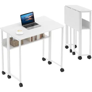 Garvee Space-Saving Collapsible Computer Desk with Storage Shelf & 360° Wheels – Portable Home Office Table – Compact Study or Laptop Desk – Easy Assembly