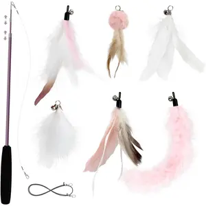 Interactive    Set - Retractable Teaser Wand with 6 count  Refills with ,  Wand Toys for Indoor Cats Kittens Play Chase Exercise, Light