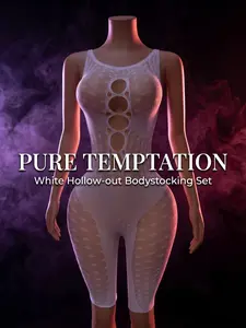 Mesh Bodysuit, Sheer Lace Cutout Lingerie, Thin Straps Deep V Neck, Plus Size Friendly, Women's Nightclub, White
