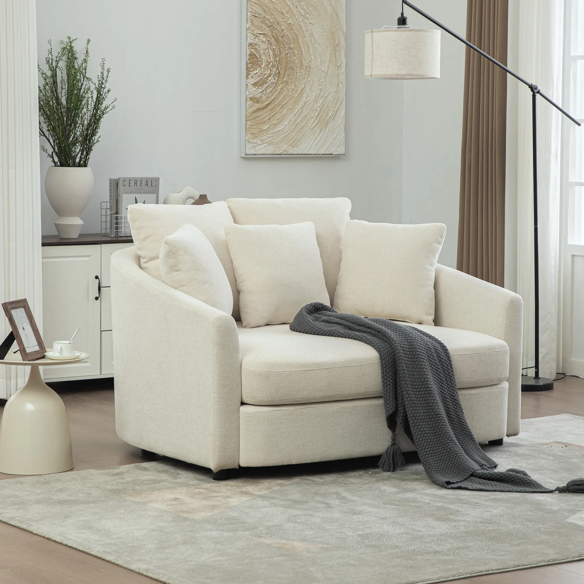Chenille Yarn Barrel-Shape Lounger Chair - ARCH Oversized Round Accent Cuddle Chaise, Cozy Size Deep Seat Upholstered Reading Armchair with Pillows for Living Room, Beige (Product Dimensions Pending)