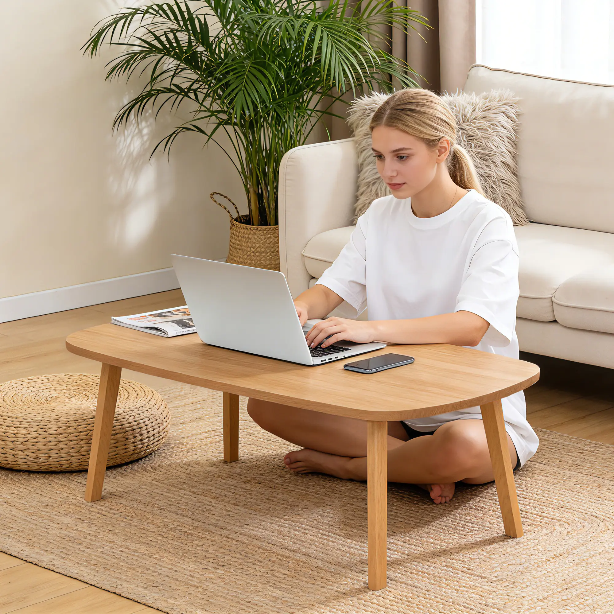 Wooden Foldable Coffee Table, Foldable Laptop Table for Small Spaces, Low Study Table for Sitting on The Floor for Living Room Bedroom Home Office Apartment Dorm