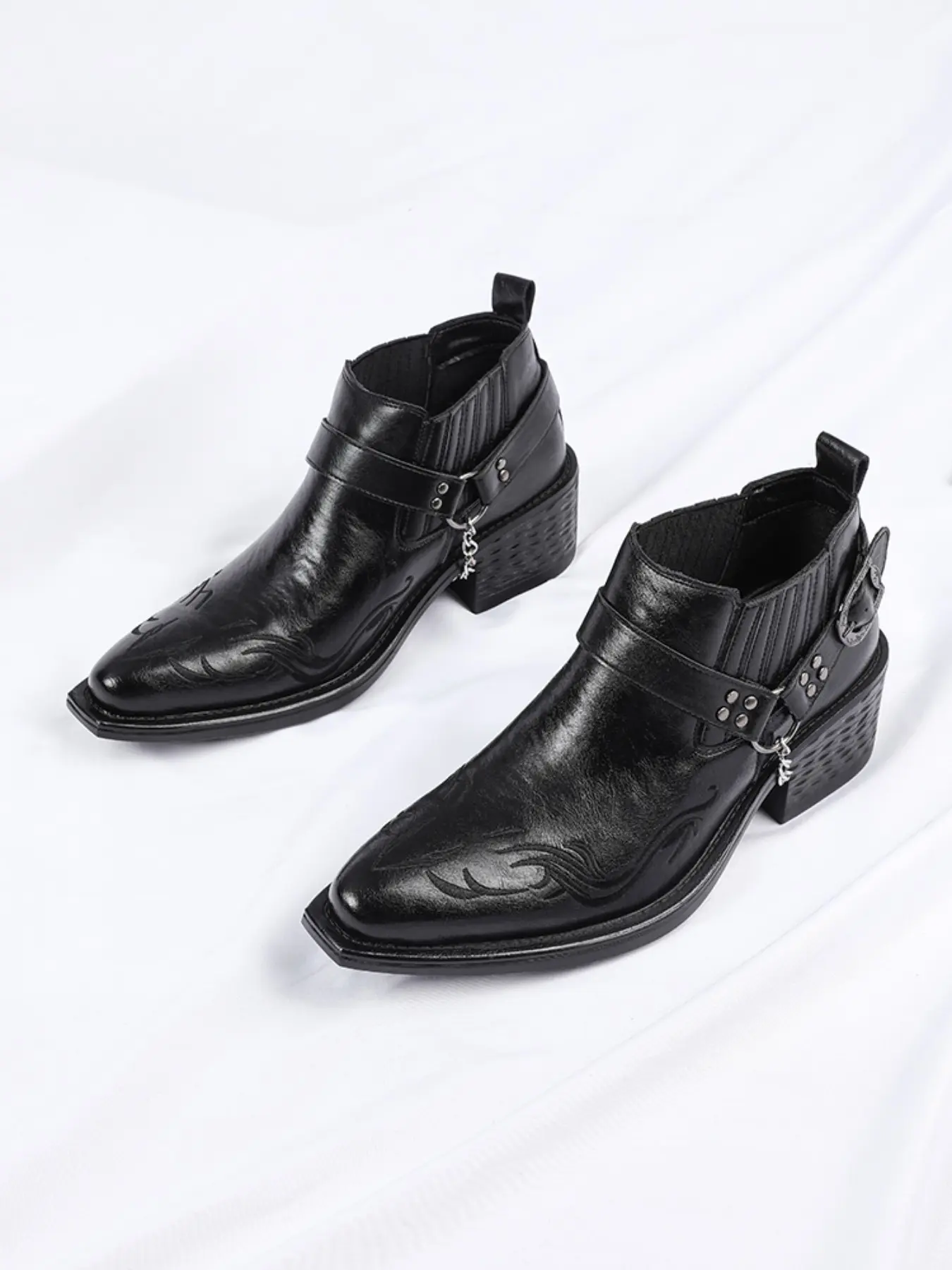 Men's Fashion Pointed Toe Evening High Heel Leather Boots, Embroidered Chain Buckle Short Boots, Stylish Party Footwear, Business Fashion Boots, Styling Boot