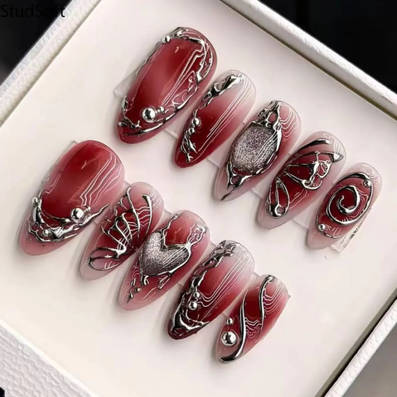 24PCS 3D Silver Liquid Metal Press on Nails Burgundy Fake Nails Full Cover Medium Almond Molten Chrome Artificial False Fingernails Y2K Gothic Party,back to school,back to school haul