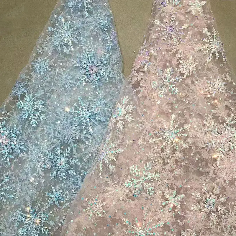 Lightweight Winter Snowflake Embroidery Sheer Net Fabric, Shiny Blue Iridescent Snow Pattern Tulle, Ideal Sewing Material For Frozen Themed Dress, Bridal Veil, Stage Performance & Holiday DIY Project