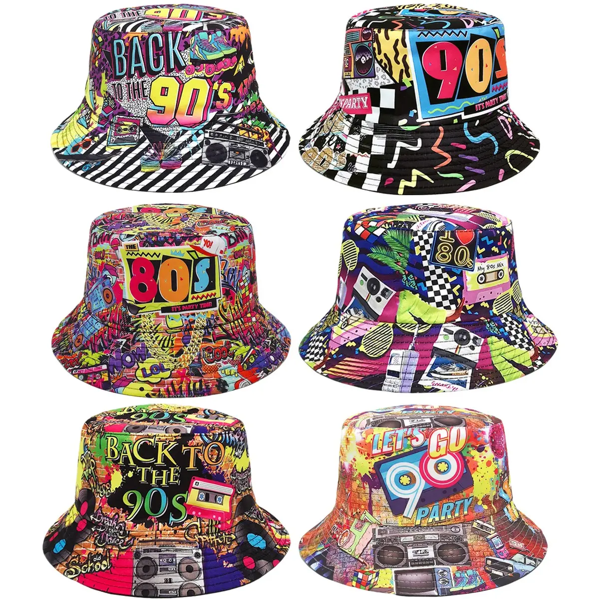 6 Pack Retro 90s Graffiti Print Bold Graphic Bucket Hat, Unisex Street Hip Hop Lightweight Reversible Bucket Hat, Suitable For Parties And Events