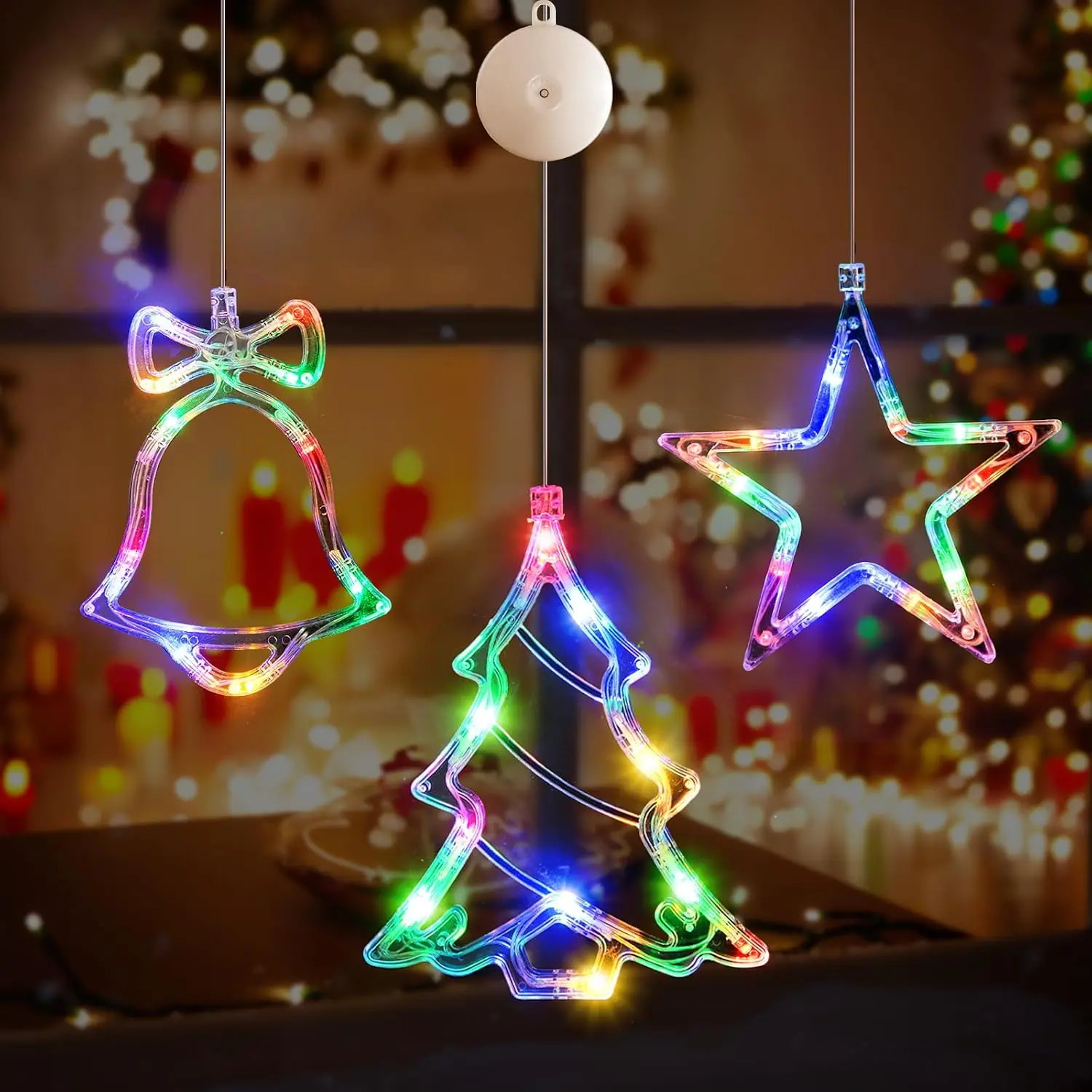 3Pack Christmas Window Lights Decorations with Timer,   Multicolor LED Sucker for Xmas Tree Fireplace Indoor Decor