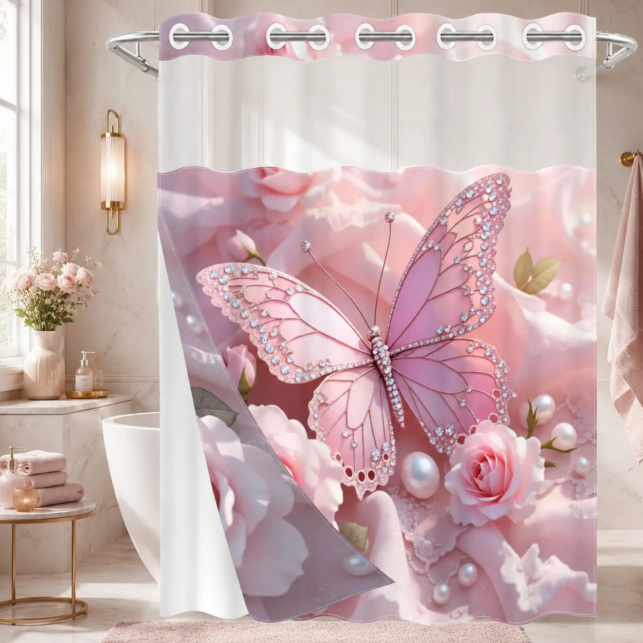 Rhinestone Butterfly Rose Dual Layer Bath Curtain, 71x74 Inches, Waterproof Mold-Resistant, Detachable Button Liner, Luxury Bathroom Decor, Waterproof Shower Curtain