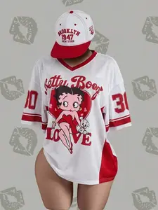 Streetwear Hip-Hop Sporty Loose Mesh V-Neck Retro Doll Drop Shoulder Short Sleeve T-Shirt, Women's Y2K Casual Fashion Top