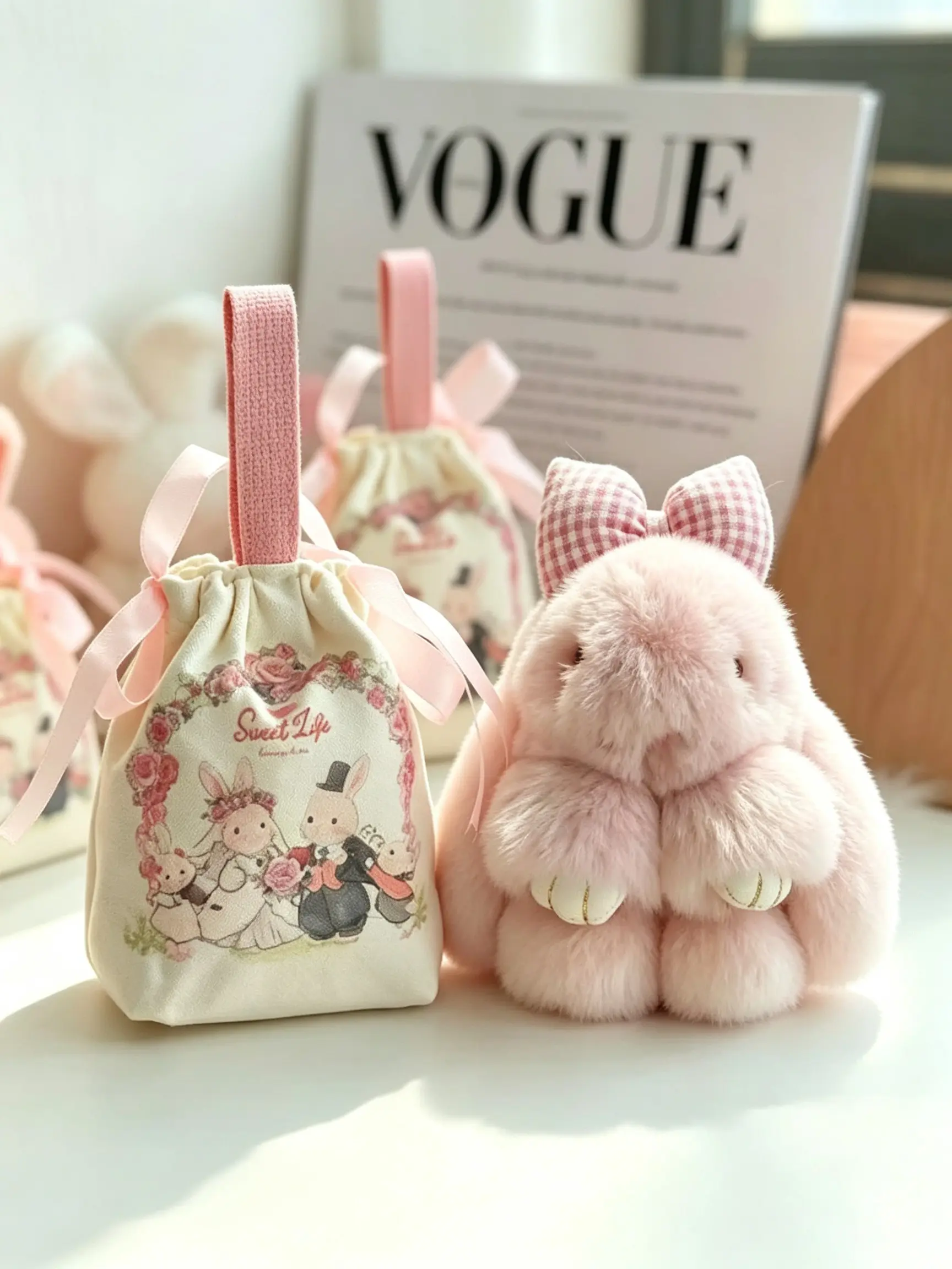 Cute Plush Bunny Keychain with Ribbon, Soft Fuzzy Rabbit Key Holder, Car Key Chain, Bag Charm, Cute Keychain Accessory, Includes Canvas Gift Bag