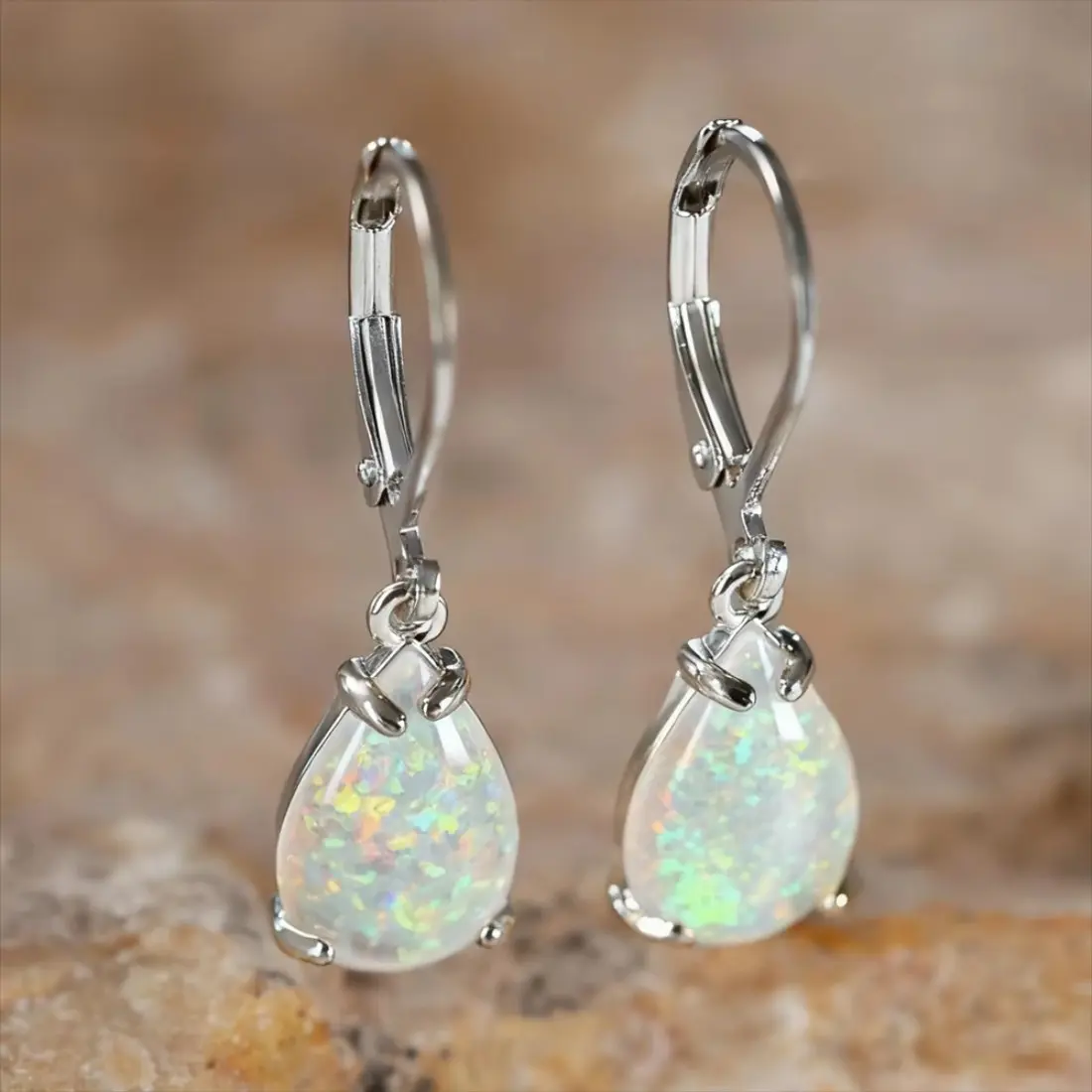 Women's Vintage Teardrop Statement Hoop Earrings - White Blue Opal Costume Jewelry with Polyester Base, Elegant Bridal Party Accessory, Statement Pieces