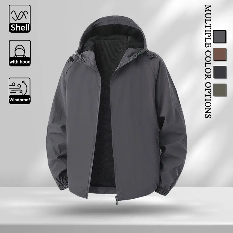Multi Color Mens Solid Mesh Lined Attached Hood Zip Wind Coat, Light Breathable Windproof Fabric Jacket for Teenagers & Adults Outdoor Sports Daily Activities