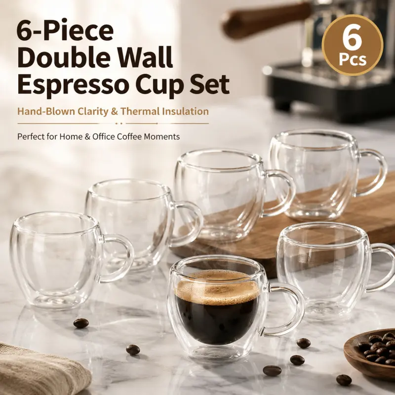 6-Piece Double-Walled Espresso Cup Set - Hand-Blown Borosilicate Glass Mugs with Thermal Insulation for Coffee Lovers