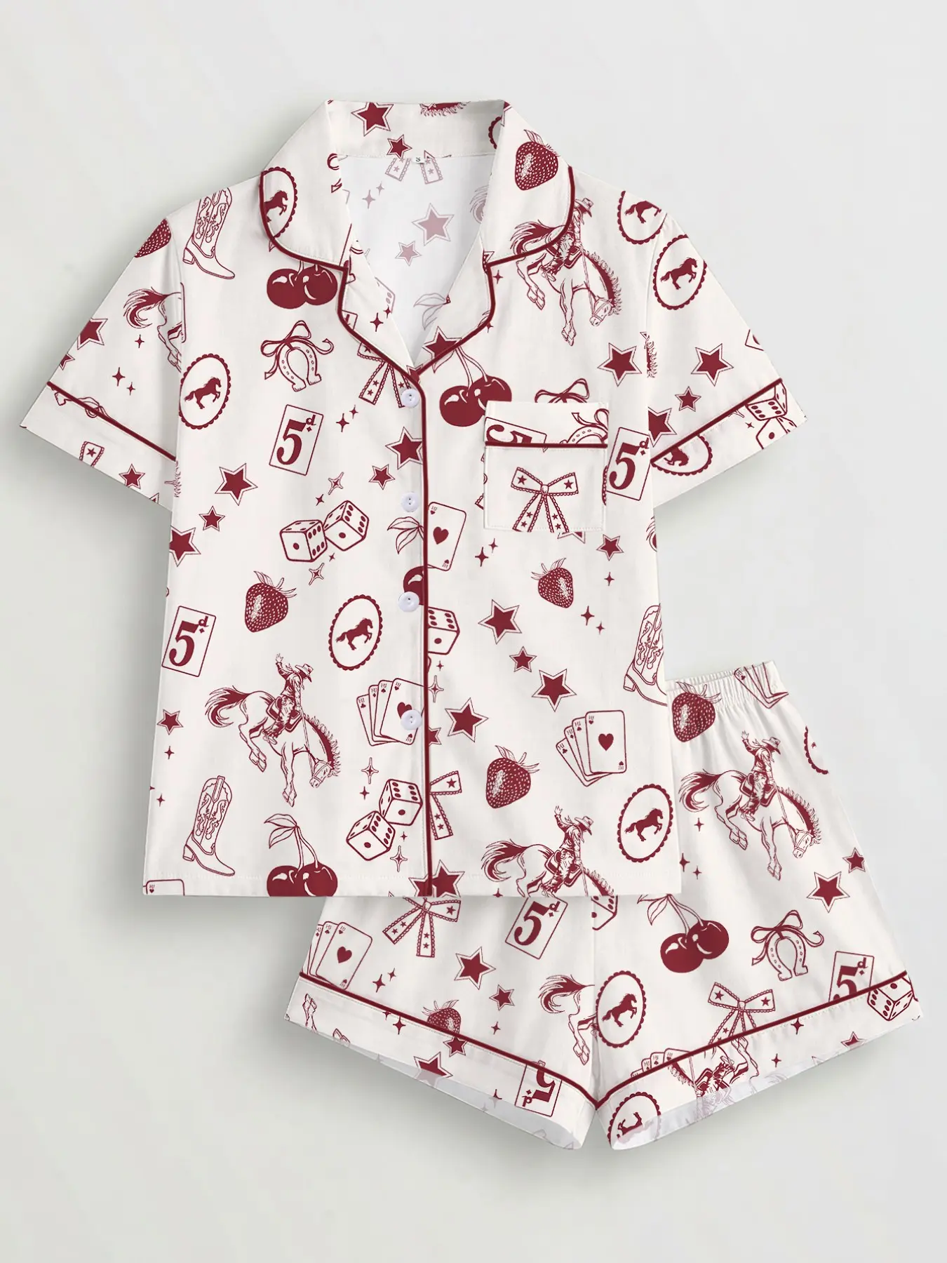 Women's Vintage Western Style Pajama Set, Short Sleeve Button Front Top & Elastic Shorts, Casual All-Season Sleepwear Loungewear, Comfortable Home