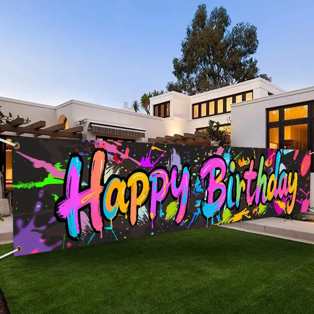 Large Neon Happy Birthday Yard Banner Sign - 120x20 inches, Polyester Colorful Happy Birthday Banner for Children Kids Birthday Party Decorations Supplies Indoor Outdoor