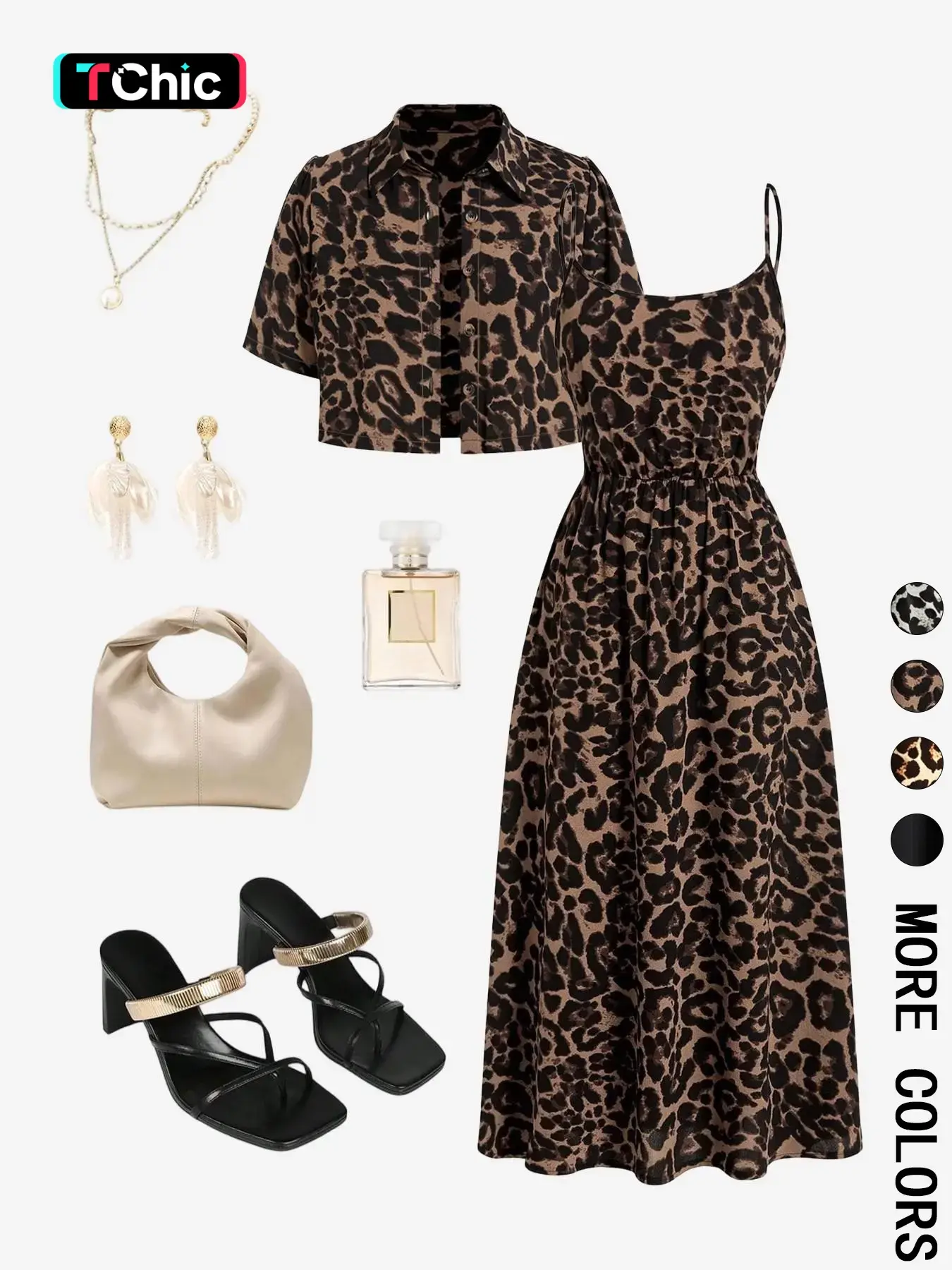 Women's Leopard Print Two-Piece Set, Adjustable Spaghetti Strap Cinched-Waist Midi Dress & Collared Short Sleeve Cropped Shirt, Boho Casual Style for Vacation, Date & Streetwear, Boho Summer Dress