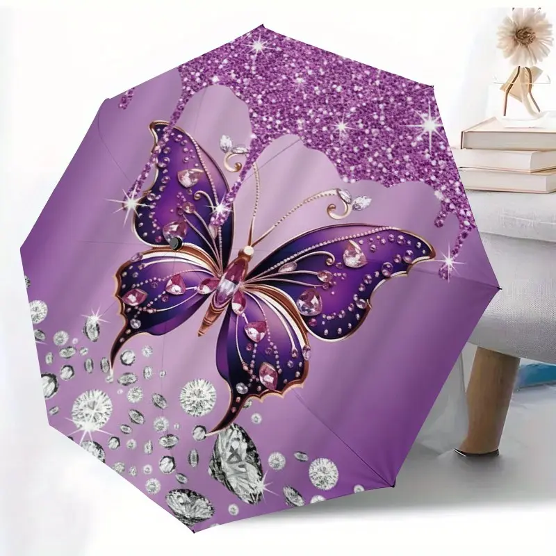 Butterfly Diamond Pattern Automatic Folding Umbrella, Lightweight Portable Travel Umbrella, 8-Rib Strong Frame, Unisex, Ideal Gift