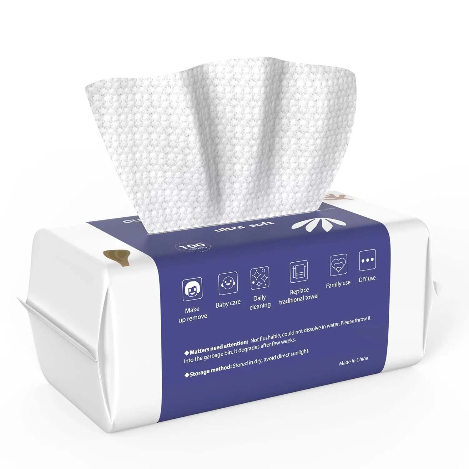 Disposable Biodegradable Face Towels - 7.8" x 7.8" 100% Rayon Fabric, Unscented Lint-Free Dry Selfie Accessory Skincare Companion for Sensitive & All Skin Types, Makeup Removal & Daily Cleansing, 100 Count
