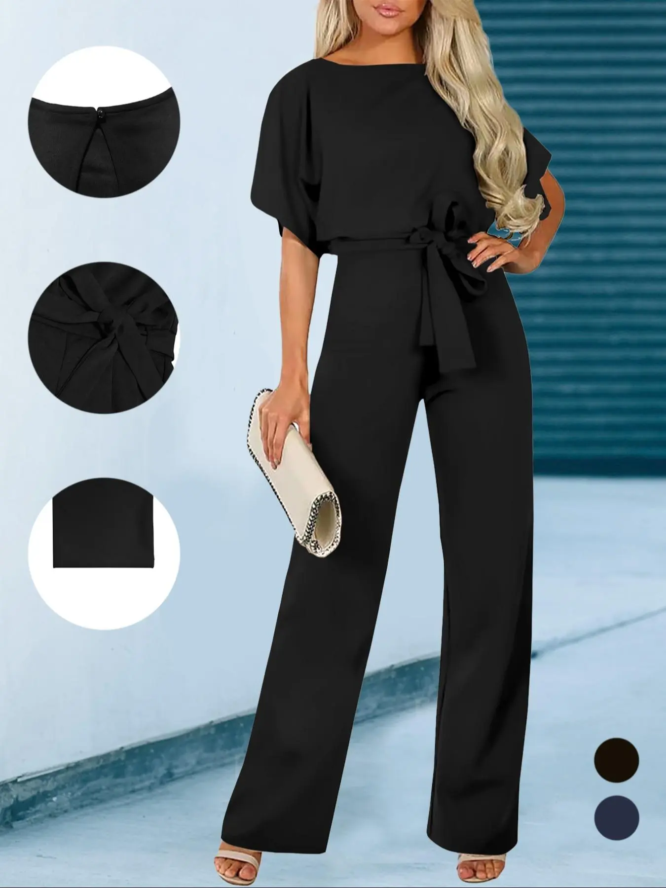 Women's Plain Cut Out Tie Front Batwing Sleeve Fitted Fabric Jumpsuit, Casual Simple Minimalist Short Sleeve Straight Leg Jumpsuit for Summer, Chic Fashion Style Women's Jumpsuit for Daily Wear, Casual Jumpsuits, Womenswear