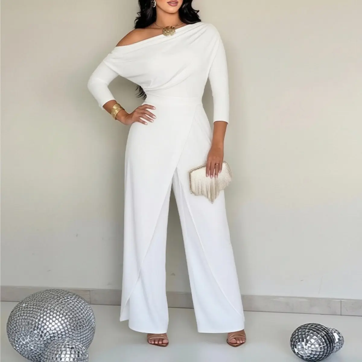 Women's Elegant Off-Shoulder Draped Neck Jumpsuit - 3/4 Sleeve, High Waist, Solid Wide Leg, Minimalist, Ruched, Polyester, All Seasons Formal Wedding Guest Outfit (Womenswear)