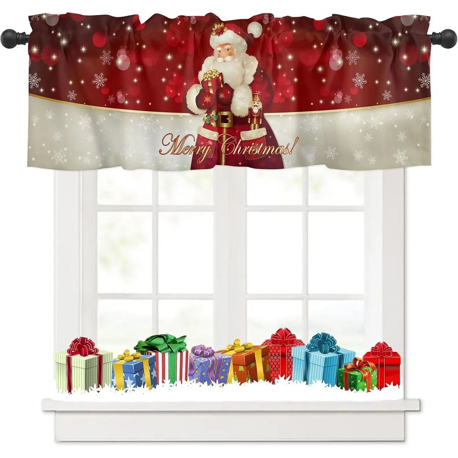 Christmas Short Curtain Window Valance for Kitchen Bedroom, Santa Claus Snowflakes  Box Merry Christmas Decor Red Curtain Rod Pocket for Bathroom,54" x 18", 1 Panel
