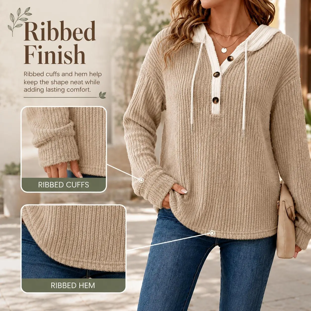 Women's Beige Hooded Knit Sweater, Button Front Henley Pullover with Drawstring Hood, Long Sleeve Ribbed Casual Top, Relaxed Fit Soft Sweater for Fall Winter Spring, Cozy Everyday Work Travel Weekend Streetwear Layering Top for Women
