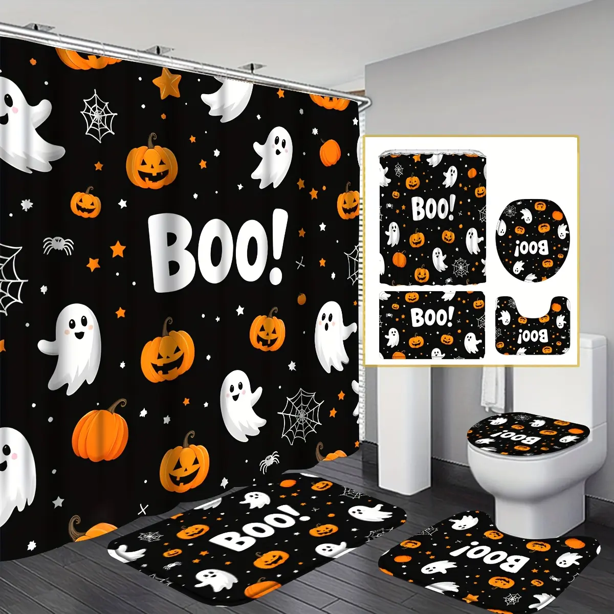 1/4pcs Halloween Boo Pumpkin Lantern Ghost Shower Curtain Set, Halloween Decor Bathroom Curtain Set with 12 Hooks Included Non-Slip Bathroom, Toilet U-Shaped, Toilet Lid Cover, Bathroom Additions Halloween Gift