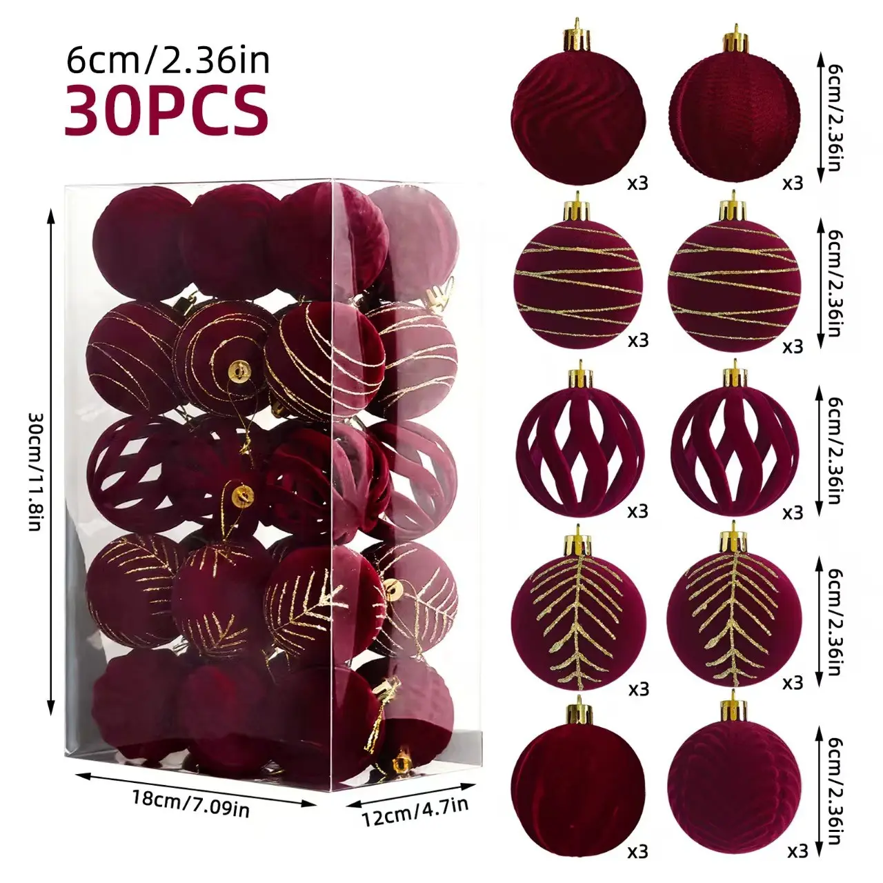 30Pcs Burgundy Velvet Christmas Ornaments, 2.36" Shatterproof Flocked Christmas Tree Hanging Balls, Gold Glitter Painted & Hollow Design Baubles Set for Holiday Party Decor