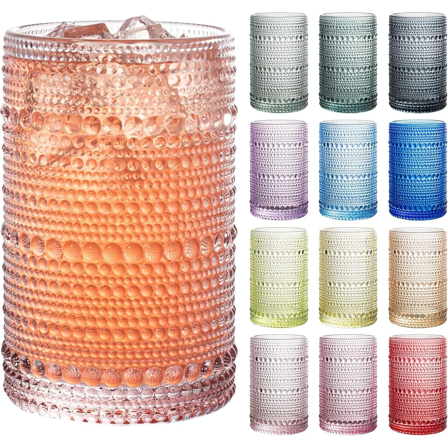 Vintage Hobnail Drinking Glasses Set of 12, 13oz Colorful Beaded Bubble Glass Cups for Kitchen, Multiple color Embossed Water Tumbler for Whiskey,Cocktail, Beer, Wine, Water & Juice
