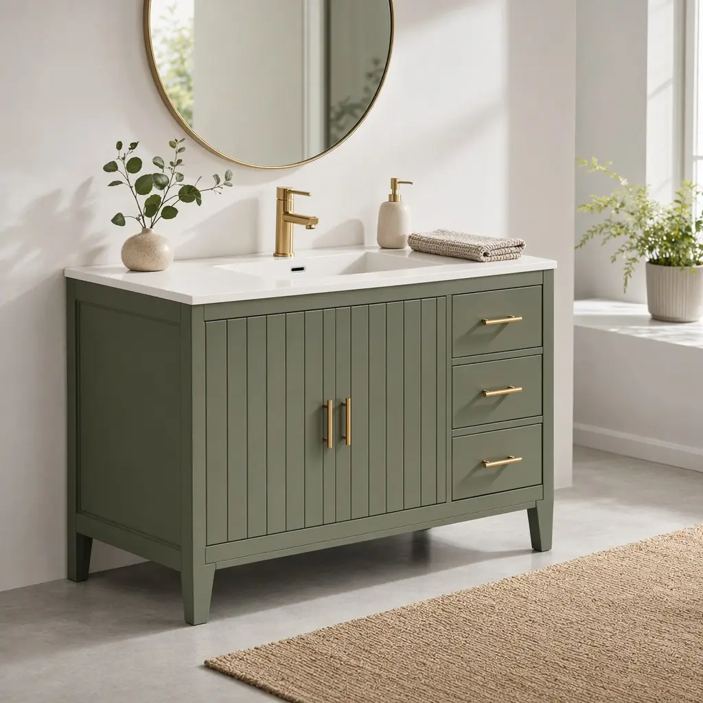 36" Freestanding Modern Green Arch Bathroom Vanity with Sink Combo - Rubberwood Solid Frame MDF Board Multi-Drawer Floor Cabinet