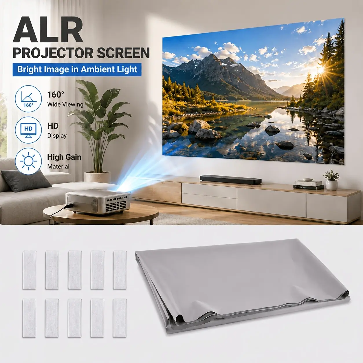 84-Inch Alr Projection Screen, High Gain Anti-Environment Light HD, 16:9 Home Theater, No Drilling Magic Tape Installation