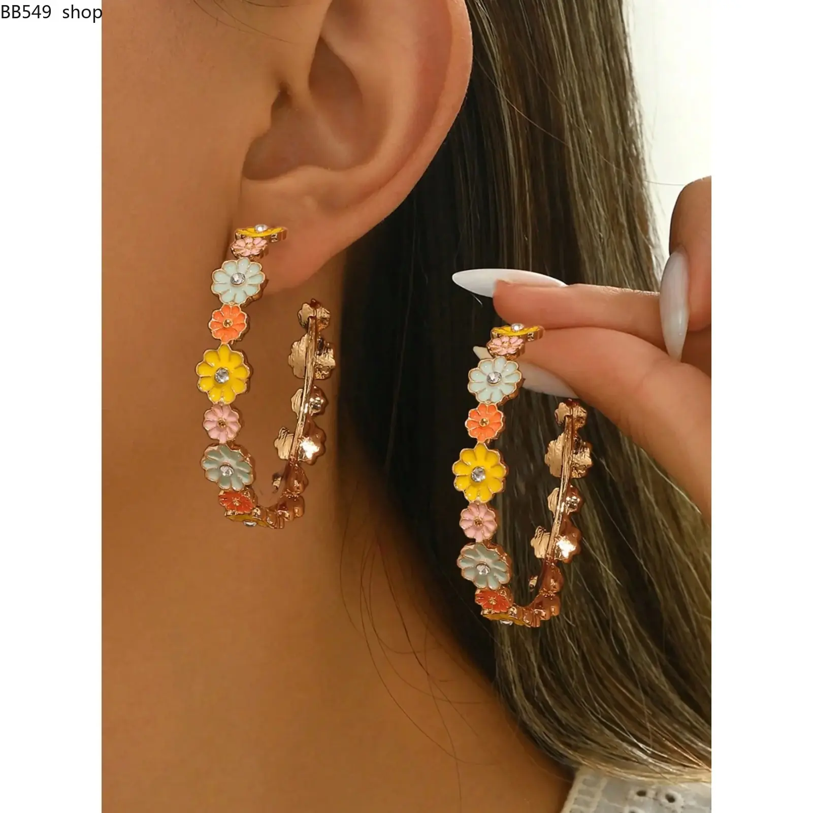 1 Pair Cute Floral Resin Druzy Durable Alloy Hoop Shape Earrings, Fashionable Colorful Earrings, Fashionable Jewelry Accessories, Ideal Gift for Girlfriend, Sister or Mother, Perfect for Daily Wear, Parties & Weddings