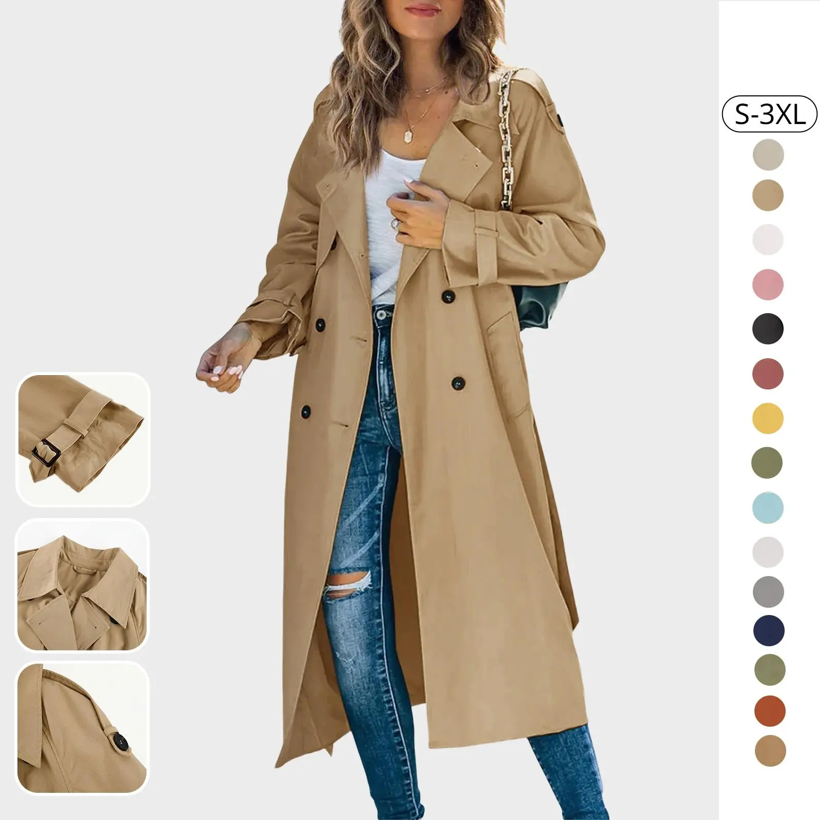 Tankaneo Women's Double Breasted Long Trench Coat Windproof Classic Lapel Slim Overcoat with Belt