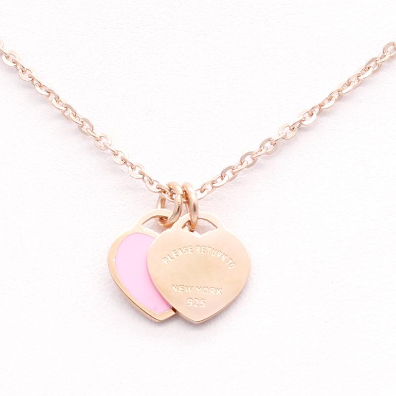 New luxury enamel pink double heart necklace, 18k gold titanium steel, versatile new style