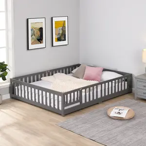 ARCH Full Size Floor Bed with Door, Solid Pine Wood Kids Platform Bed Frame with Safety Fence, Gray Montessori Toddler Bed for Children's Bedroom, Low to Floor Design, Easy Access, Sturdy Construction, 1 Count, Bedroom Furniture for Bedroom
