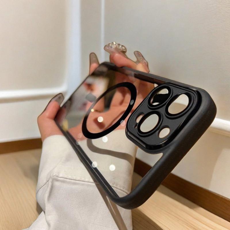 For iPhone 16 /15/14/13 metal lens magnetic phone case transparent anti drop protective cover NH10