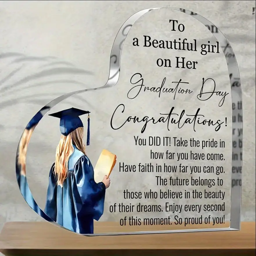 "To a Beautiful Girl" Acrylic Heart Sign - Transparent Blue Desk Decor, Inspirational Graduation Gift for Her, Home Office Keepsake, Clear Tabletop Ornament