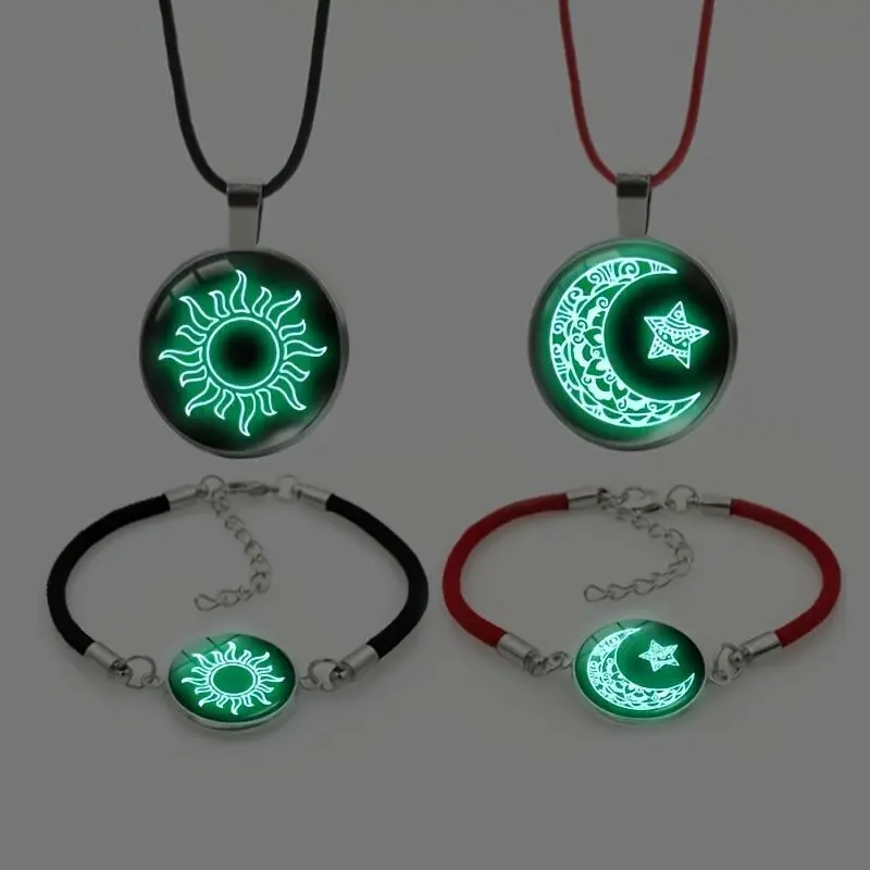 2-Piece Sun Moon Glow-in-the-Dark Pendant Necklace Set - Long Chain Crystal Letter Jewelry, Unisex Daily Casual Gift for Couples, Metal Chain Necklaces with Customizable Names, Crystals